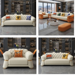 modern leather chesterfield armchair sofa with gold trims