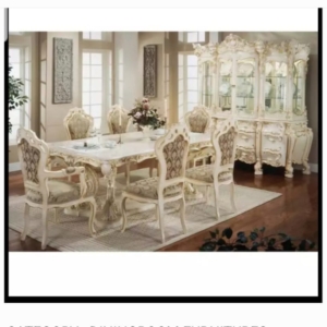 large dining table, glass display mahogany cabinet, chair & armchair